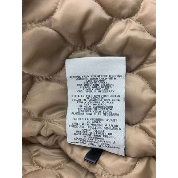 Levi’s Hooded Parka Jacket Women L Tan Faux Fur Trim Quilted Lining Drawcord - Picture 11 of 13